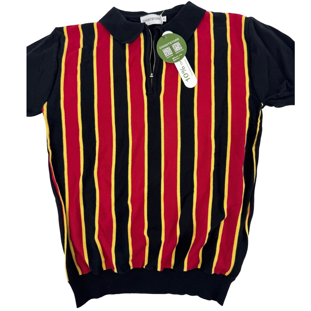 OXXNITSTORE Shirt XL Zip Knit Polo‎ Men New Black Red Yellow Stripe Short Sleeve